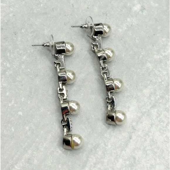 Gorgeous KJL Kenneth Jay Lane Long Silver Tone Pearl Cubic Zirconia CZ Earrings - Picture 9 of 14